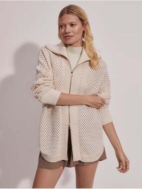 Varley Finn Cream  Open-Weave Zip through Cardigan
